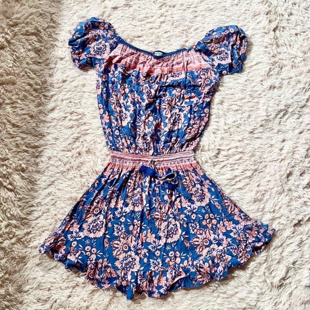 Tiare Hawaii Tropical Floral Resort Islander Off Shoulder Mini Dress Womens M